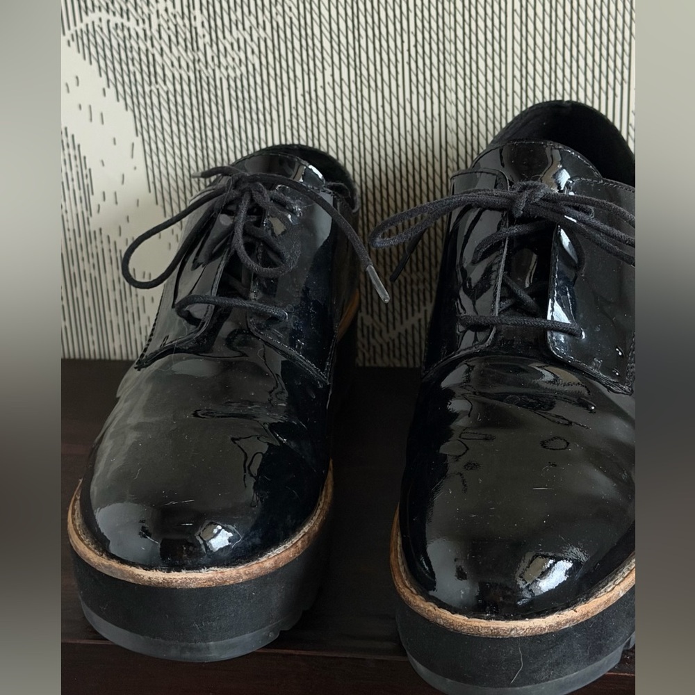 Eileen Fisher Eddy Derby Black Patent Platform Lace up Oxford Shoe ~ Size 7.5 - Picture 10 of 15